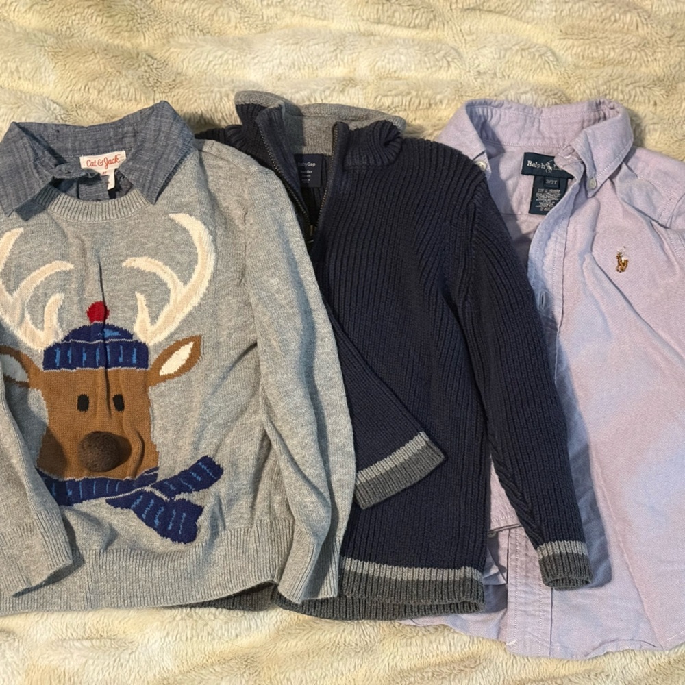 Set of boys 3T long sleeve shirts. Ralph Lauren button up, Gap-half zip, CatJack
